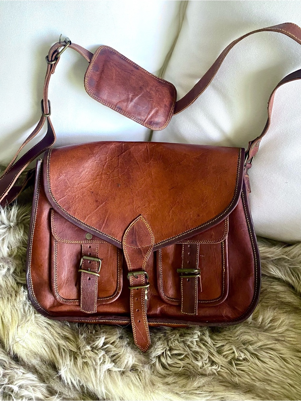 Rich Brown Leather Messenger Bag with Adjustable Strap, multi pockets, Unisex